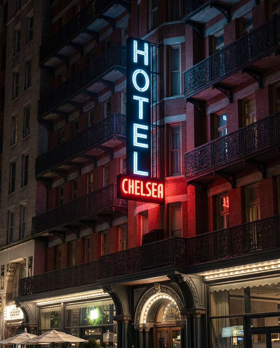 The Hotel Chelsea in New York City at night, neon sign glowing above West 23rd Street