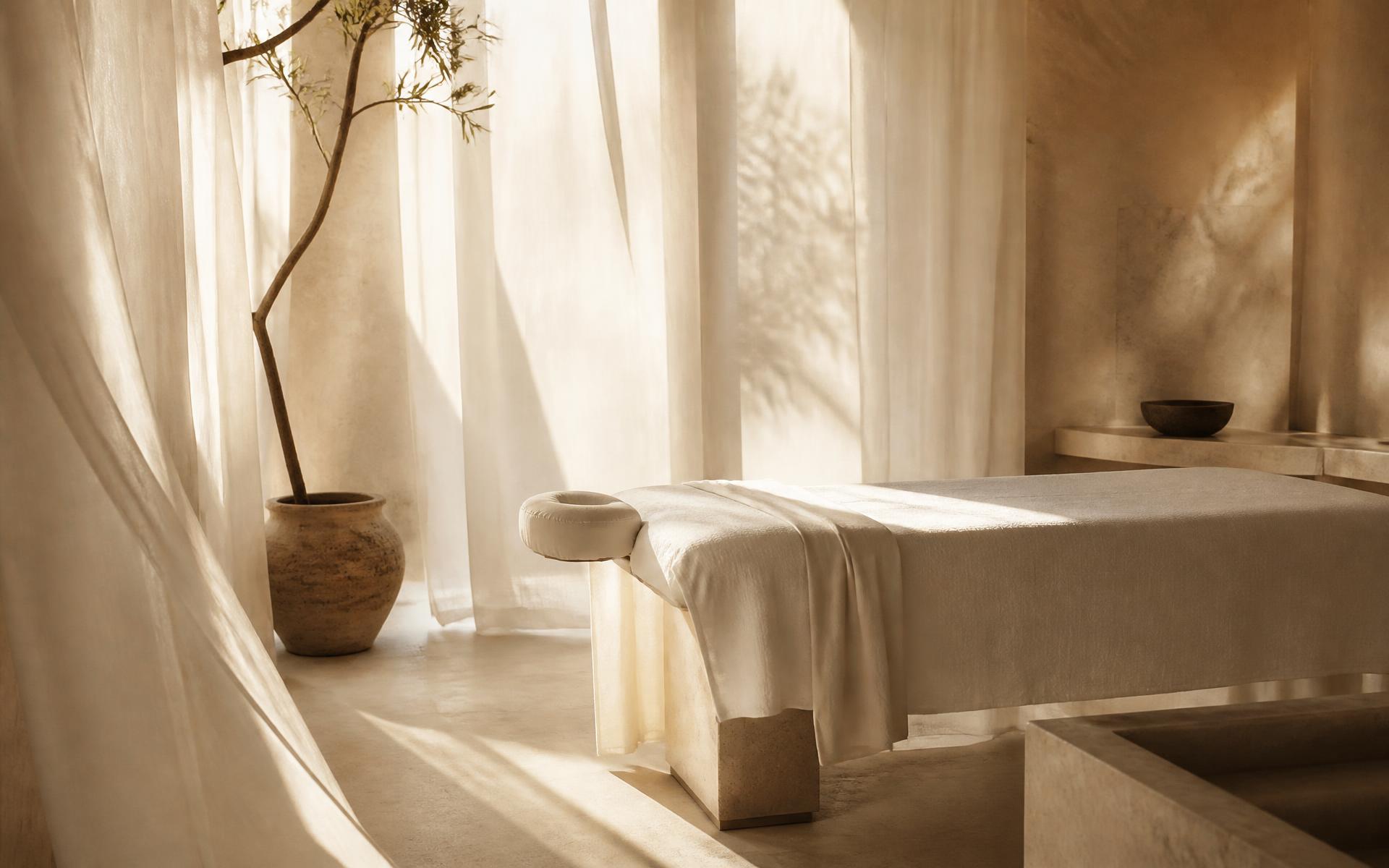 Sunlit stone treatment room with linen curtains